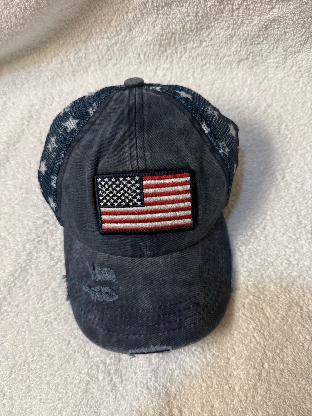 C.C. Distressed Navy Baseball Cap with American Flag Patch